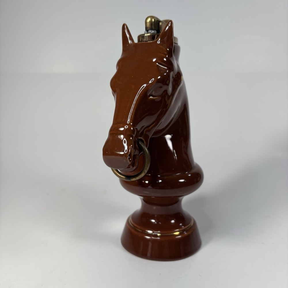 vtg glazed brown Gold  ceramic horse head chess table lighter Not Working - Picture 2 of 7